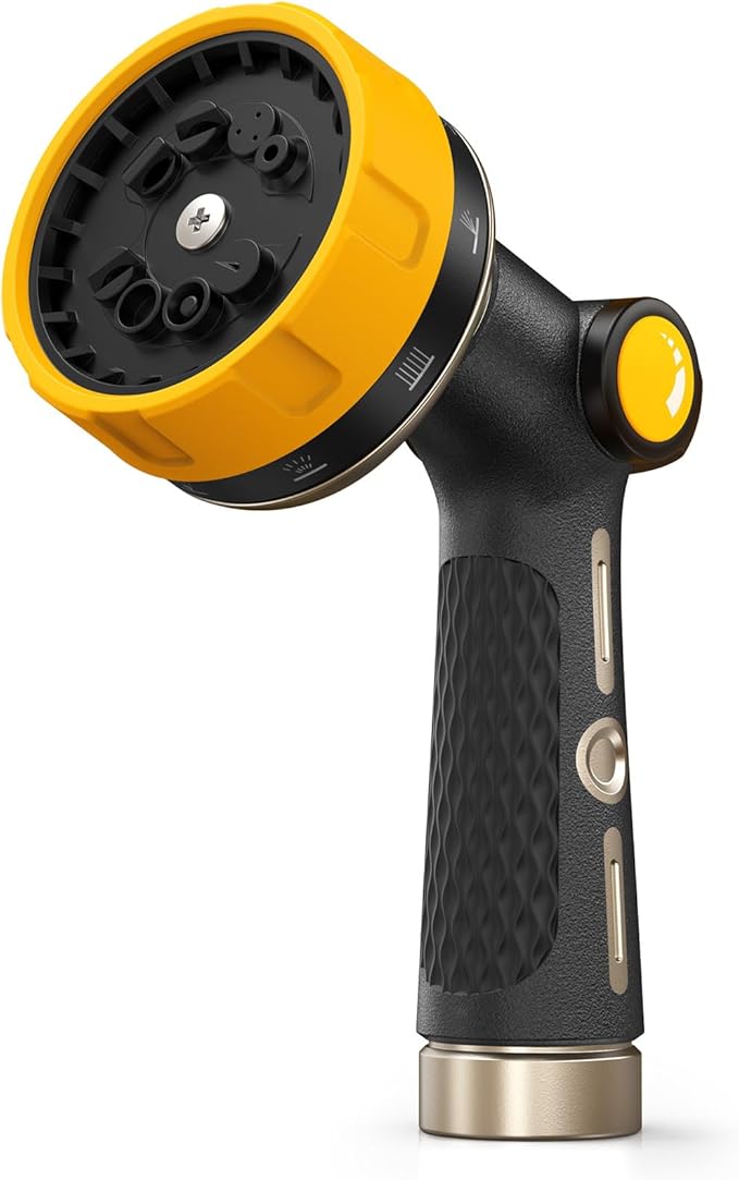 RAINPOINT Garden Hose Nozzle Heavy Duty - 100% Metal Thumb Control Spray Nozzles for Garden Hose High Pressure, 10 Patterns Water Hose Nozzle for Car Wash, Watering Lawn and Pets, Yellow