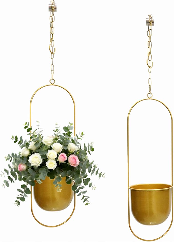 Cornasee 5.5" Gold Metal Hanging Planter for Home Decor/Fence/Balcony/Window,1-Pack Railing Planters Vintage Flower Pot with Detachable Hooks for Herb,Cactus