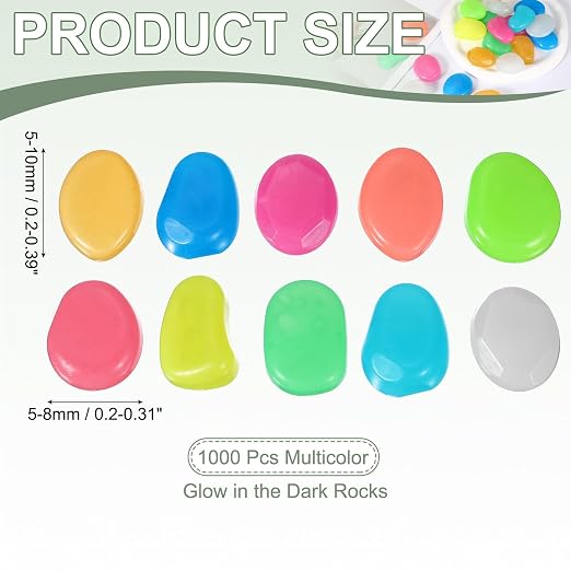 Glow in the Dark Stones, Luminous Pebbles Stones Glowing Rocks Decorative Light Up Pebbles 1000 Pcs & Multicolor -Fitting for (Fish Tank/Outdoor Garden Decor/Yard/Walkway)