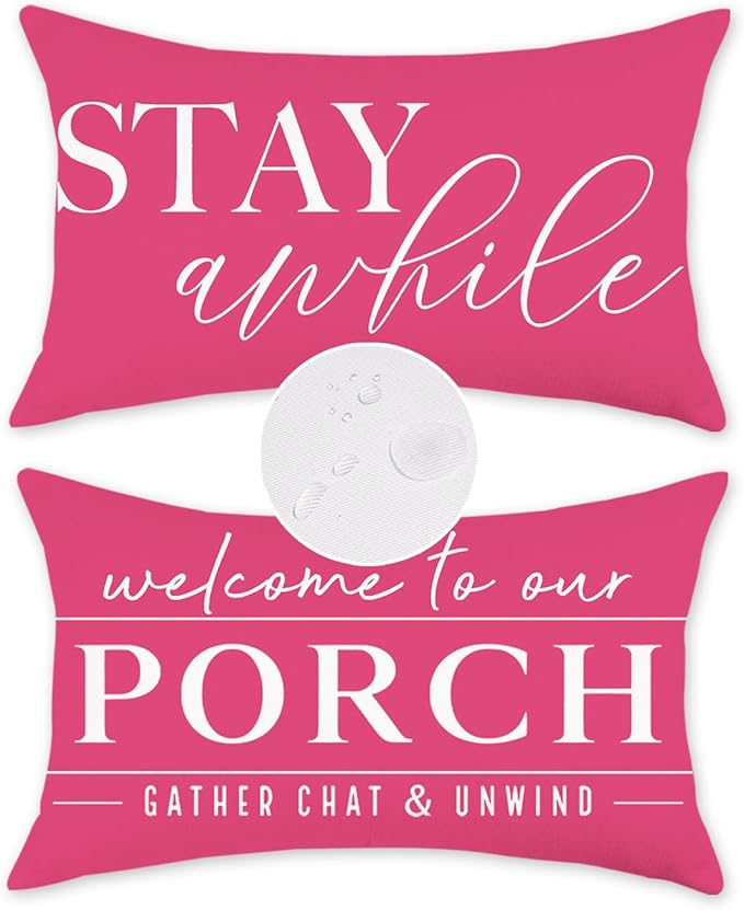 TAJWE Pink Outdoor Pillow Covers Waterproof 12x20 Set of 2 Decorative Welcome to Our Porch Stay Awhile Cushion Cases for Patio Furniture Sofa Couch Decor
