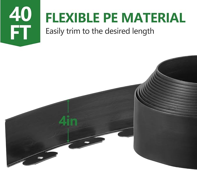 4 in Tall Landscape Edging, 40 ft Garden Border with 60 Metal Spikes, Flexible Plastic for Lawns - Black, No-Dig Design
