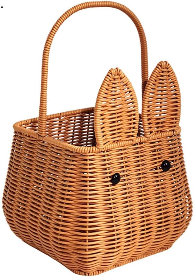 Picnic Basket, Garden Harvest Basket, Wicker Shopping Baskets with Fixed Handle, Reusable Handwoven Market Baskets for Carrying Shopping Storage Gathering (Brown, Bunny Ears)