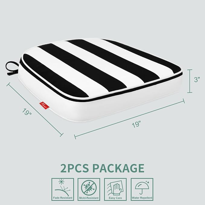 Outdoor Chair Cushions Set of 2, 19x19 Inch U-Shape Patio Seat Cushions with Ties, Water & Fade Resistant High Density Foam Cushions for Garden Patio Chairs, Black White