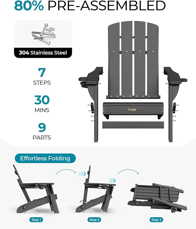Folding Adirondack Chair 2 Pack, HDPE All-Weather Fire Pit Chairs, Plastic Adirondack Chairs with 2 Cup Holder, Outdoor Lawn Chair for Patio Garden (Grey)