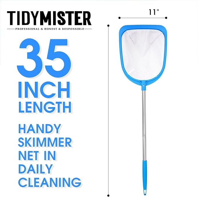 TidyMister 11'' Wide Hot Tub Skimmer for Spa, Handy Pool Skimmer Net with Ultra Fine Diamond Netting Mesh for Small Pools, Hanging Hole Easy to Store (35'' Long)