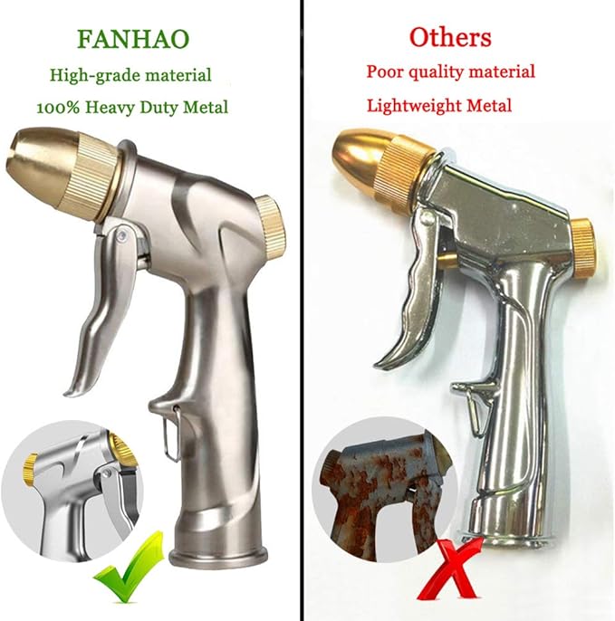 FANHAO Upgraded Garden Hose Nozzle Sprayer, 100% Heavy Duty Metal Handheld Water Nozzle High Pressure in 4 Spraying Modes for Watering Plants and Lawn, Car Washing, Patio and Pet