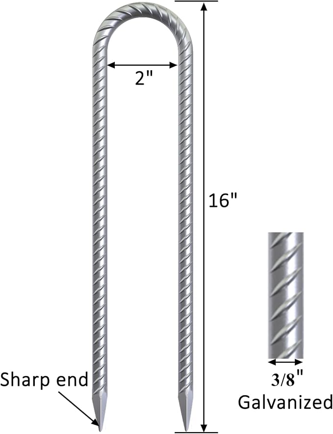 16 Inch Heavy Duty Trampoline Stakes, U Shaped Rebar Ground Anchors for High Wind, 3/8" Thick Steel U Shaped Stakes for Trampoline, Tent, Canopy, Swing Set, Playground & Bounce House, 8 Pack