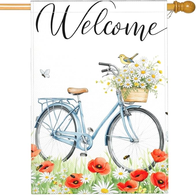 Mugod Bike House Flag Double Sided 28 x 40, Watercolor Wildflowers Spring Summer Burlap Large Flag House Seasonal Farmhouse Outside Outdoor Decoration