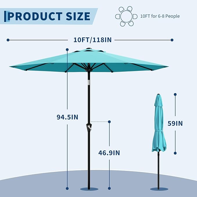 GarveeLife 10FT Umbrella Outdoor Patio, Table Umbrella with Push Button Tilt and Crank, 8 Sturdy Ribs Waterproof UV Protection for Garden, Pool, Deck, Backyard, Market (Sky Blue)