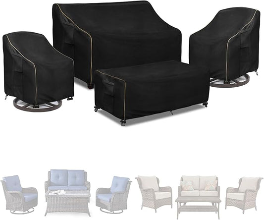 Patio Furniture Covers 4 Piece Set, 600D Heavy Duty Outdoor Furniture Covers Waterproof for Patio 2-Seater Loveseat Swivel Rocker Chair and Coffee Table Furniture Set,Black,Large