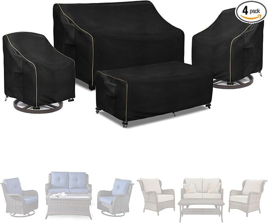 Patio Furniture Covers 4 Piece Set, 600D Heavy Duty Outdoor Furniture Covers Waterproof for Patio Loveseat, Swivel Rocker Chair and Coffee Table,Black