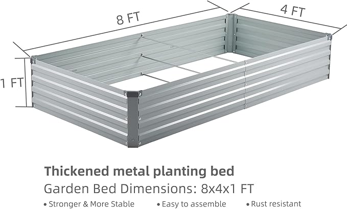 Meberam 2 Pack 8x4x1FT Galvanized Raised Garden Bed Kit, Outdoor Metal Planter Box for Vegetables, Bottomless Rectangular Gardening Bed with Support Rods, Tool-Free Assembly, Gray