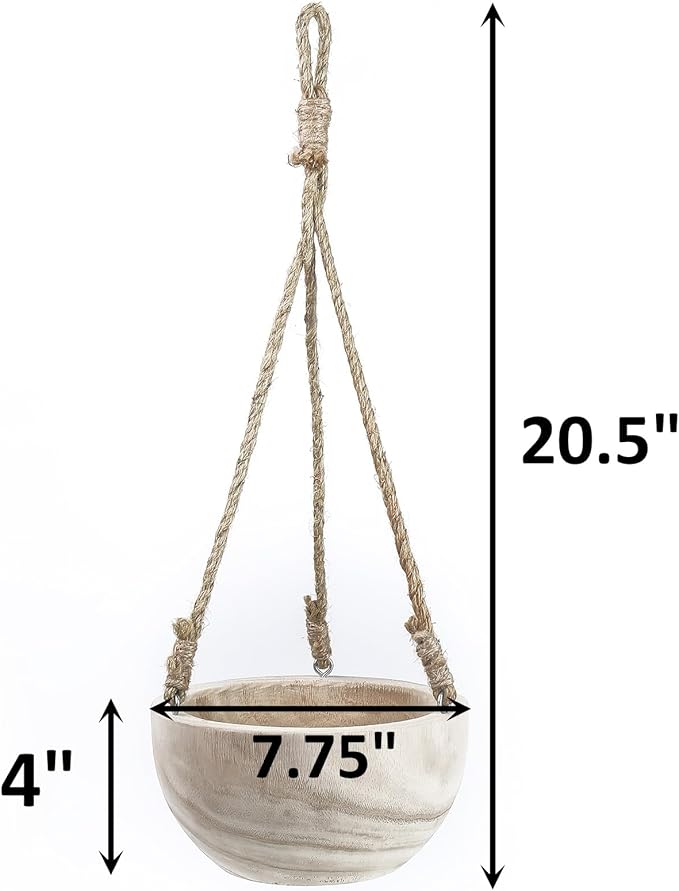 CYS EXCEL Small Wooden Hanging Planter Paulownia Wood Bowl Basket with Jute Rope for Indoor Plants Succulents