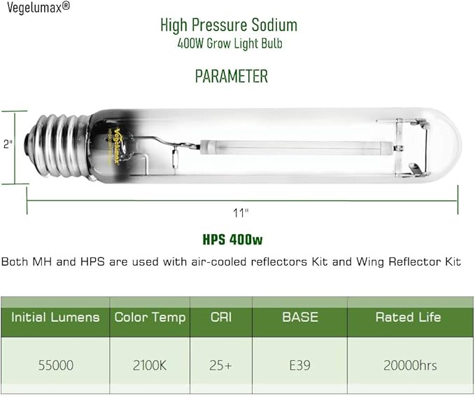 400W HPS Super Grow Light Bulb,High PAR Enhanced Red and Orange Spectrum,CCT 2100K,Ultra Bright 55,000 Lumens,E39 Base,1pack