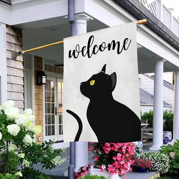 AOYEGO Cat Welcome House Flag Vertical Double Sided Burlap Black Cat With Yellow Eyes Farmhouse Yard Outdoor Seasonal Flags Decoration 28 x 40 Inches