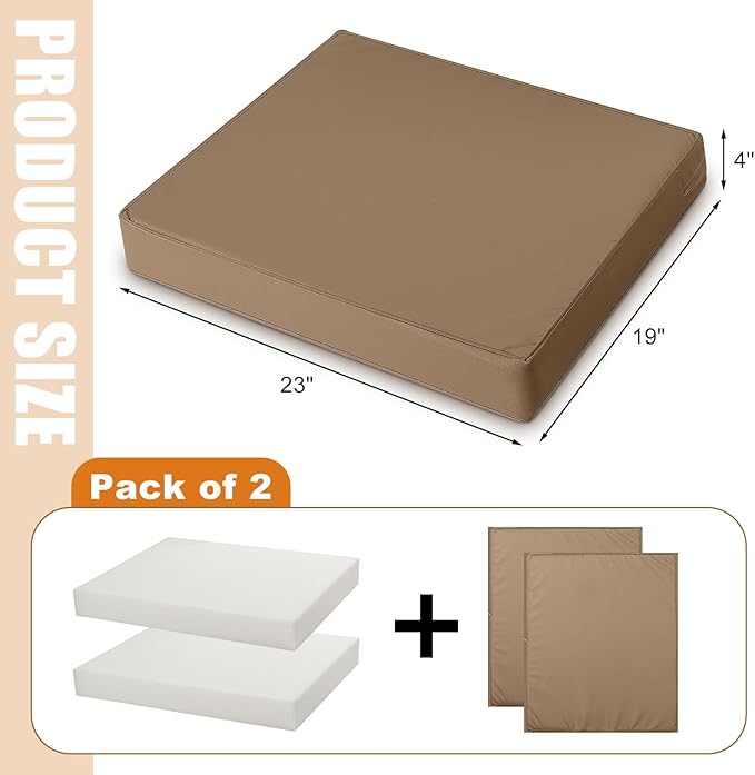 DoubleFill 2 Pcs Outdoor Ottoman Cushion 23"x19"x3" Waterproof Fade Resistant Outdoor Footstools Cushion Removable Patio Ottoman Cushions with Adjustable Fixing Strap for Stool (Light Brown)