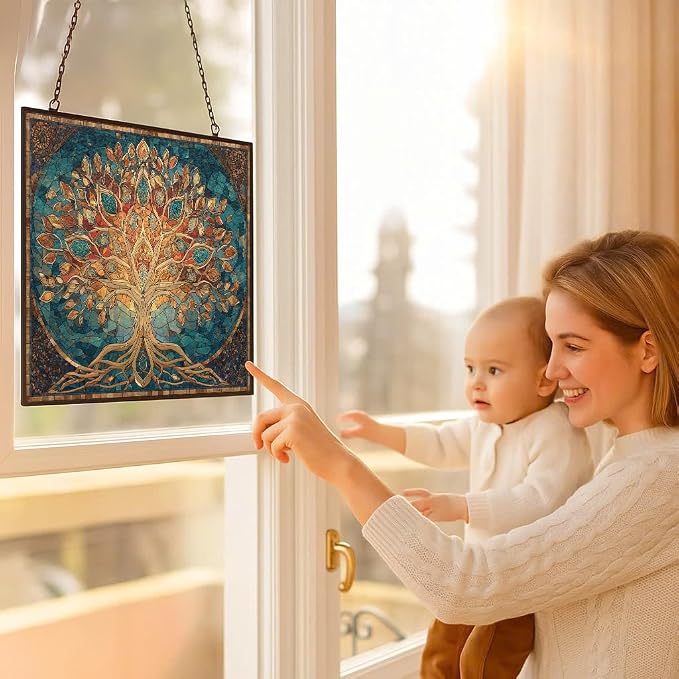Rectangle Mosaic Sacred Geometry Tree of Life Stained Glass Suncatcher Window Hangings, Suncatchers Colorful Glass Panel Sun Catchers Gifts, Decoration for Home Garden Decor