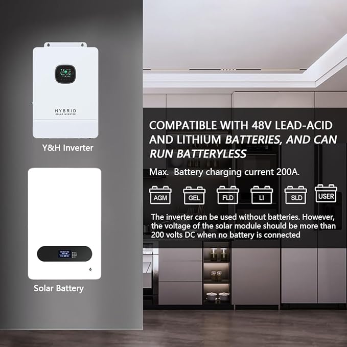 Y&H 10KW 48V Solar Inverter UL1741, 120V/240V Single/Split-Phase, with 200A MPPT Charging 11KW PV, Battery-Free & Hybrid UPS, Pure Sine 20KW Peak, Parallel Capable, CAN-BMS-Wi-Fi, Off-Grid Home RV ESS