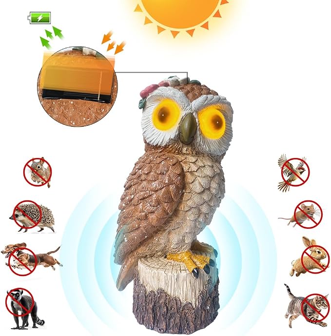 1 KINGO Fake Owl Decoy, Bird Deterrents for Outside, Solar Powered LED Eyes & Ultrasonic Deterrent, Scarecrow Owl Decoys to Scare Birds Away, Bird Repellent Devices Outdoor, Resin Garden Statues