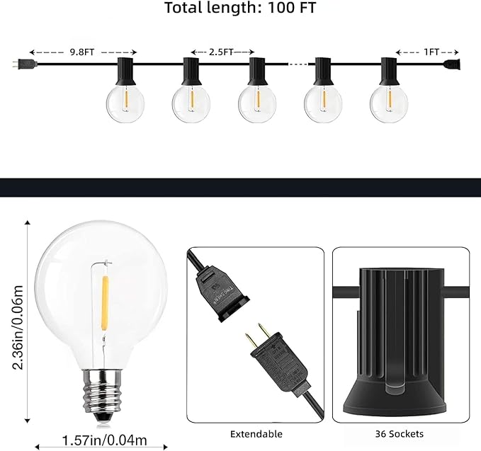 GPATIO Outdoor String Lights, 100FT G40 Bulbs Shatterproof Patio Lights, Waterproof Dimmable Hanging Outdoor Lights, Connectable LED Outside Lights for Backyard Yard Gazebo Porch Party