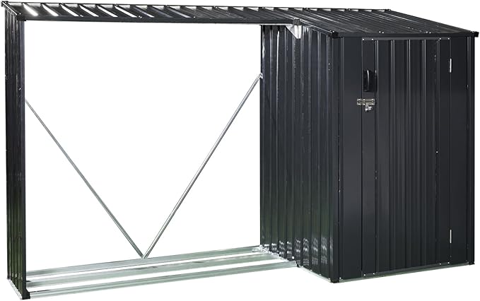 YOPTO 106.5" Outdoor Steel Firewood Rack Metal Storage Shed with Door and Reinforced Base,Multi-Functional 2 in 1 Waterproof Cabinet W/Roof,for Equipment Machines,Black