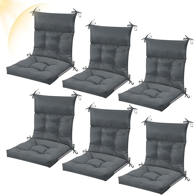 Sintuff 6 Pcs 44 x 21 x 4 Patio Chair Cushions Outdoor Chair Cushion Seat/Back Tufted Pillow with Ties Water Resistant Replacement Indoor Patio Furniture Outdoor Furniture (Solid Color,Dark Gray)