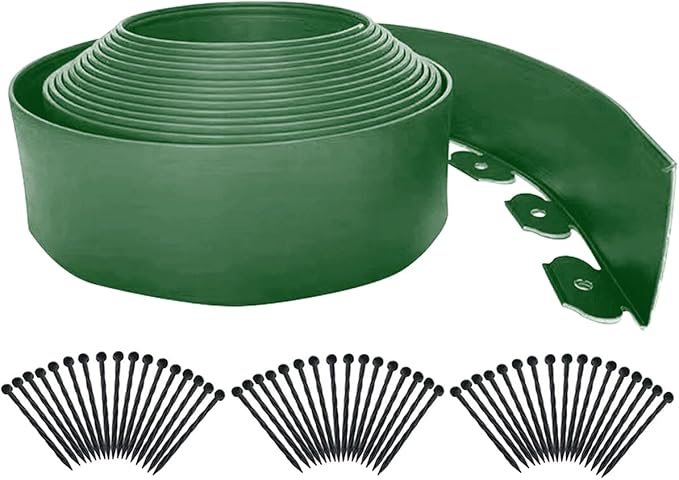 Landscape Edging 33FT,Garden Edging Borders [Extra Tall 4IN High] Flexible Lawn Edging Kit with Total 50pcs Stakes,Mini Plastic Fence Edge Used for Yard,Flowerbeds,Landscaping,Grass,Tree -Green