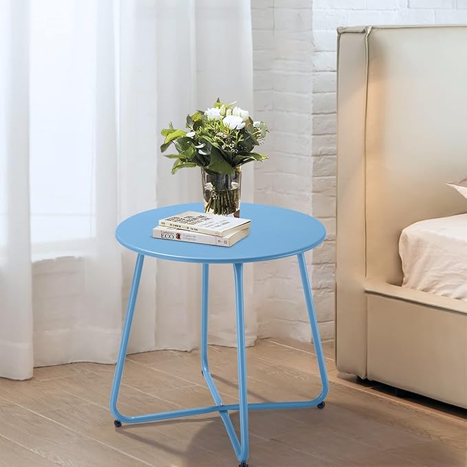 Meluvici Patio Outdoor Side Table Waterproof Round Metal Steel Small Side Table Weather Resistant Portable Outdoor and Indoor End Table for Garden Balcony Yard, Blue