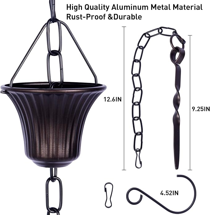 Rain Chain Set 8.5 Ft,Not Rust Wrought Iron Rain Chains for Gutters with Adapter Gotta Drain and Anchoring Stake, 14 Cups, 1 Hook, Adjustable Length for Garden Decorative (Coffee)