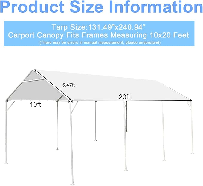 10 x 20 Ft Heavy Duty Carport Replacement Canopy Waterproof UV Protected Garage Top Shelter Tarp Tent Cover with 44 Ball Bungees Cords, Only Top Cover, White