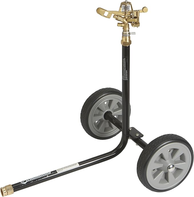 Strongway Wheeled Sprinkler, 3/4 in. Brass Head with 2 Nozzles, 100 Ft. Diameter Coverage, 7800 Sq. Ft., 6-10 GPM, 8 in. Poly Wheels, Adjustable Full and Partial Circle, for Lawn and Garden