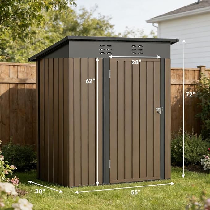 COMHOMA Shed Storage Outdoor Metal Windowed Lockable Solar Motion Light Adjustable Weatherproof Ventilated Backyard Garden Utility Workshop(Brown,5'*3')