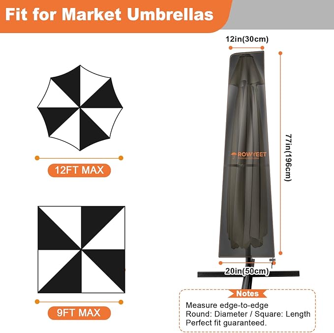 Umbrella Covers for Outdoor Umbrellas 9-12ft, 420D Oxford Fabric Patio Umbrella Cover Waterproof UV-Resistant Protection for Market Umbrella & Parasol (Fits Market Umbrella up to 9′S/12′R)