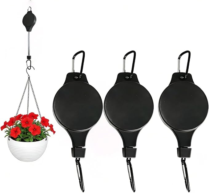 3PCS Retractable Plant Hanger, Upgraded Plant Pulleys Easy Lift, for Hanging Plants, Garden Flower Pots, Bird Feeders Indoor Outdoor Use (Black-3PCS)