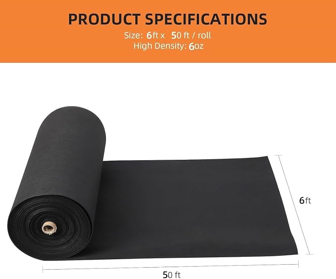 6Oz Geotextile Fabric 6Ft x 50Ft, Non-Woven Landscape Fabric with 350n Tensile Strength for Driveway Stabilization, Erosion Control, French Drain, Road Base & Construction Projects