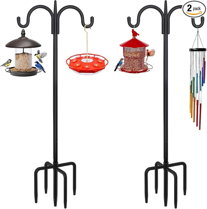 FEED GARDEN Heavy Duty Shepherds Hook 2 Pack 63" Double Hooks Adjustable (47/63") - Metal 5-Prong Base, 12lb Capacity - Easy Assembly Bird Feeder Pole for Hanging Planters, Lanterns, Wind Chimes