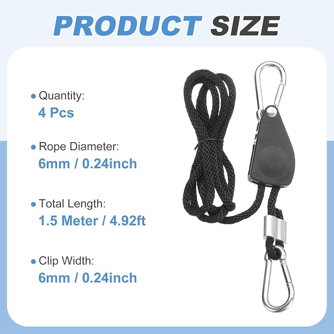 uxcell 4 Pairs 1/4" Adjustable Rope Hanger, 4.92ft(1.5 Meter) Heavy Duty Ratchet Tie Down Strap with Rope Clip Hanger for Hanging Plants, Grow Light and Various Tie-Down Uses, Black