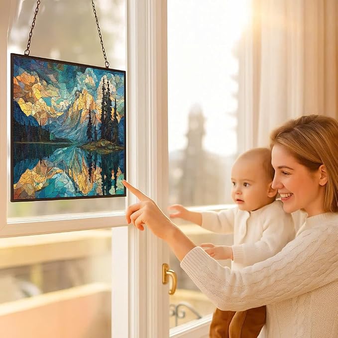 Rectangle Mosaic Mountain Reflection Lake Stained Glass Window Hanging, 15" W X 11" H Stained Glass Panel with Chain, Suncatchers for Windows Hanging Decorations, Gifts for Mom