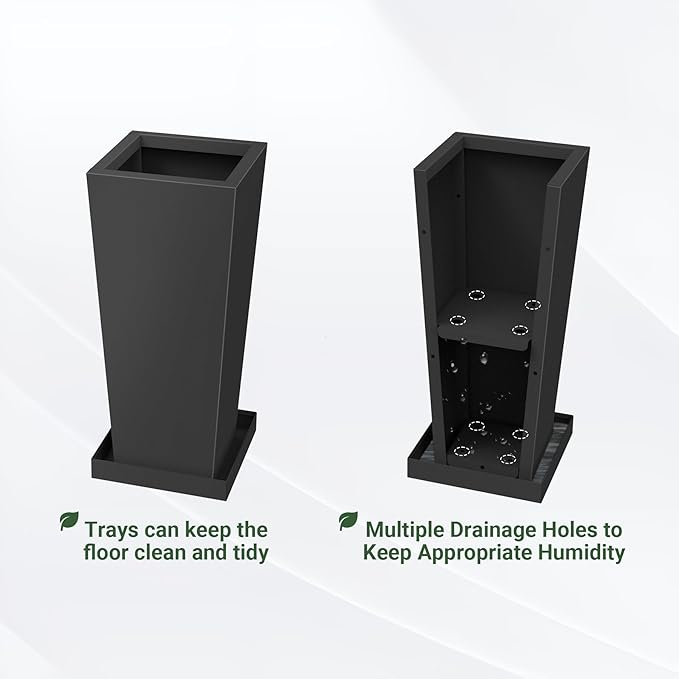 Metal Tall Outdoor Planters Set of 2, 20 inch Durable Tall Planters with Rust-Proof Coating & Drainage Insert Shelve & Trays, Black Outdoor Planters for Porch, Garden, Patio, Yard