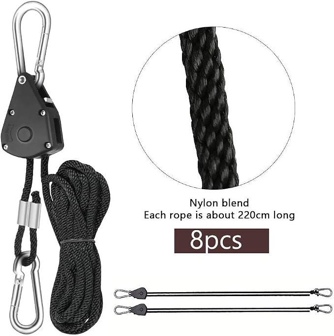 Winterworm 4 Pairs 1/8 Inch Adjustable Heavy Duty Ratchet Hanger Grow Light Fixtures Rope Clip Hangers Hanging Ropes for Gardening Grow Plant Fan Reflectors Filter Tent,150lbs Weight Capacity