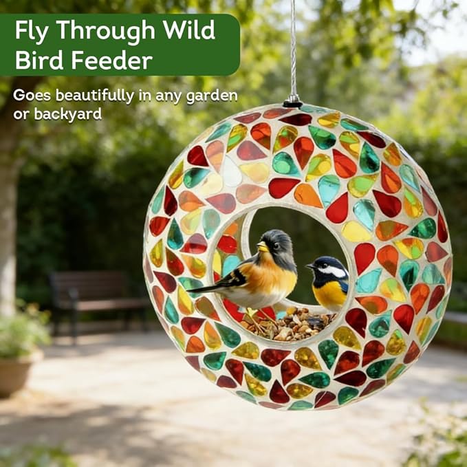 Lily's Home 6 Inches Glass Mosaic Hanging Bird Feeder for Outdoors Fly-Through Large Bird Feeder for Outdoor Garden Decor Backyard, Vibrant Gift for Animal Lovers, Green, Yellow Orange