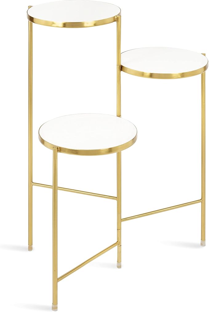 Kate and Laurel Fields Modern Tri Level Plant Stand; White and Gold; 10 x 10 x 30; Decorative Wood and Metal Multi Tiered Planter