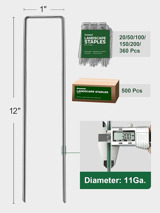 GROWNEER 50 Pack Landscape Staples 12 Inch 11 Gauge Heavy Duty Hot-Dip Galvanized Steel Garden Stakes U-Shaped Weed Barrier Spikes Metal Ground Pins for Lawn and Yard Landscaping
