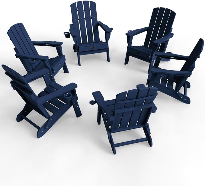 Folding Adirondack Chair Set of 6, HDPE Adirondack Chairs with 2 Cup Holder, Plastic All-Weather Fire Pit Chairs, Outdoor Lawn Chair for Patio Garden (Tibetan Blue)