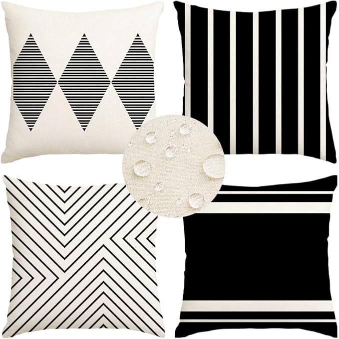 RABUSOFA Outdoor Pillows Waterproof,20x20 inch Black and White Boho Set of 4 for Patio Furniture,Sunbrella Outdoor Pillow Covers for Couch(no Insert)