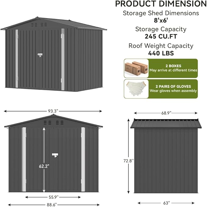 COMHOMA Shed Outdoor Storage Shed Metal,Lockable Doors Tool Sheds with Sloping Roof,Steel Garden Shed with Air Vent for Backyard,Patio,Lawn,Poolside(Grey,8'x6')