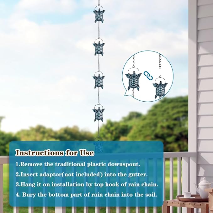 10 FT Rain Chains for Gutter, Rain Chain with 12 Turtle Shape Cups Adjustable Rain Catcher Chain for Gutters, Eaves, Drainage, Replacement for Downpout, Blue