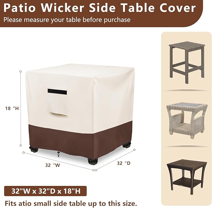 Waterproof Patio Small Side Table Cover,Square Outdoor Ottoman Covers,Heavy Duty 600D Patio Wicker Side Table Cover,Fits Square PatioTable, All-Weather Furniture Protection.32"W x 32"D x 18"H