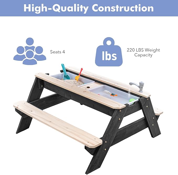 Kids 3-in-1 Sand & Water Table, Wood Outdoor Convertible Picnic Table w/Umbrella, 2 Trays, Removable Top with Faucet, Picnic Table for Outdoor Playset (Black/Navy)