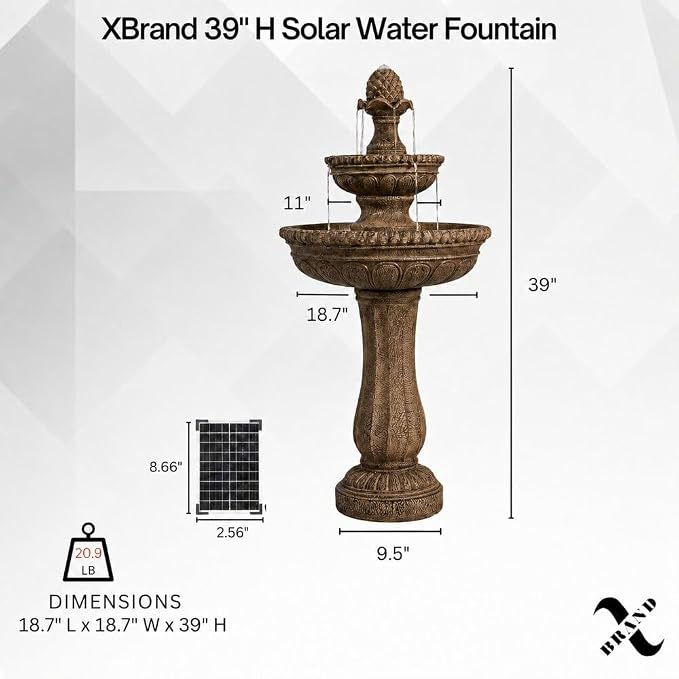 XBrand 39" Solar Water Fountain, Sand Stone Resin | 2-Tier, Outdoor